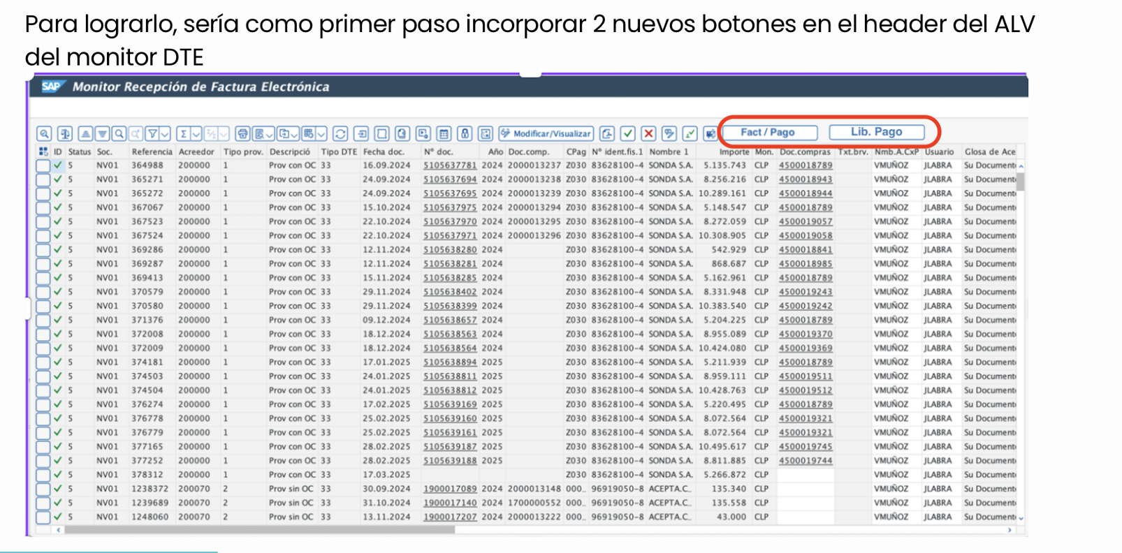 Nuevos botones en el ALV del Monitor DTE (Fact/Pago y Lib. Pago)