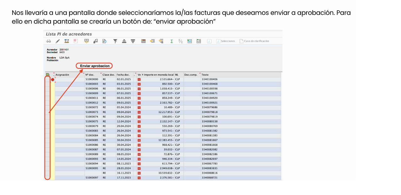Pantalla de selección y botón “Enviar aprobación”